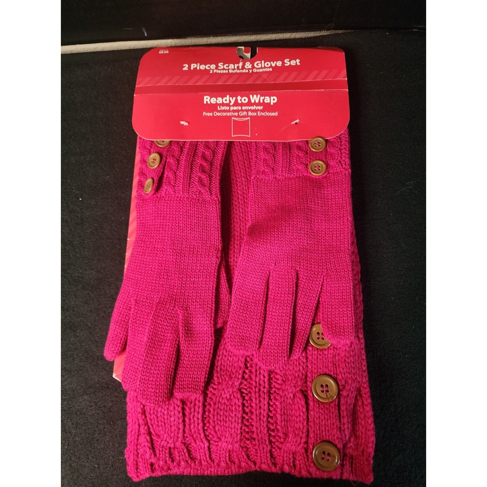 Walmart Fuchsia Pink Cable Knit Scarf and Glove Set with Buttons WMA48107 NEW